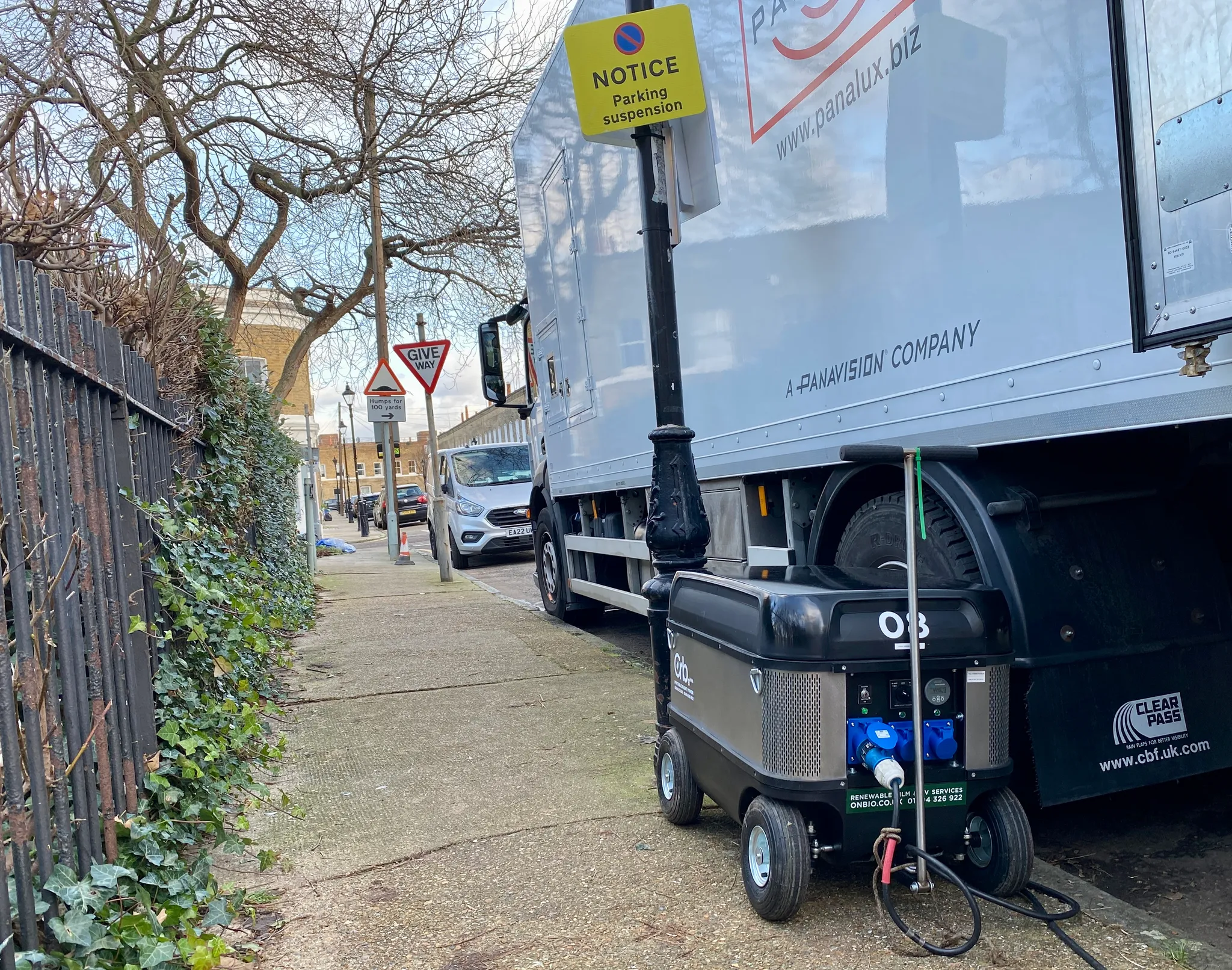 An Orb10 portable battery powering a Panalux truck on a London street.